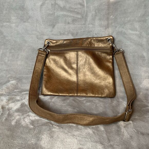 Fossil Crossbody Bag Front Pockets Metallic Bronze/Chocolate Pebbled Leather - Picture 15 of 16